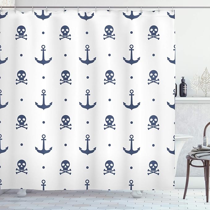 Amazon Com Ambesonne Anchor Shower Curtain Anchors And Skulls Crossed Bones Dots Pirate Horror Fear Seaman Illustration Art Cloth Fabric Bathroom Decor Set With Hooks 70 Long Navy Blue Home Kitchen