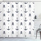 Ambesonne Marine Shower Curtain, Anchors and Skulls Crossed Bones Dots Pirate Horror Fear Seaman Illustration Art, Cloth Fabr