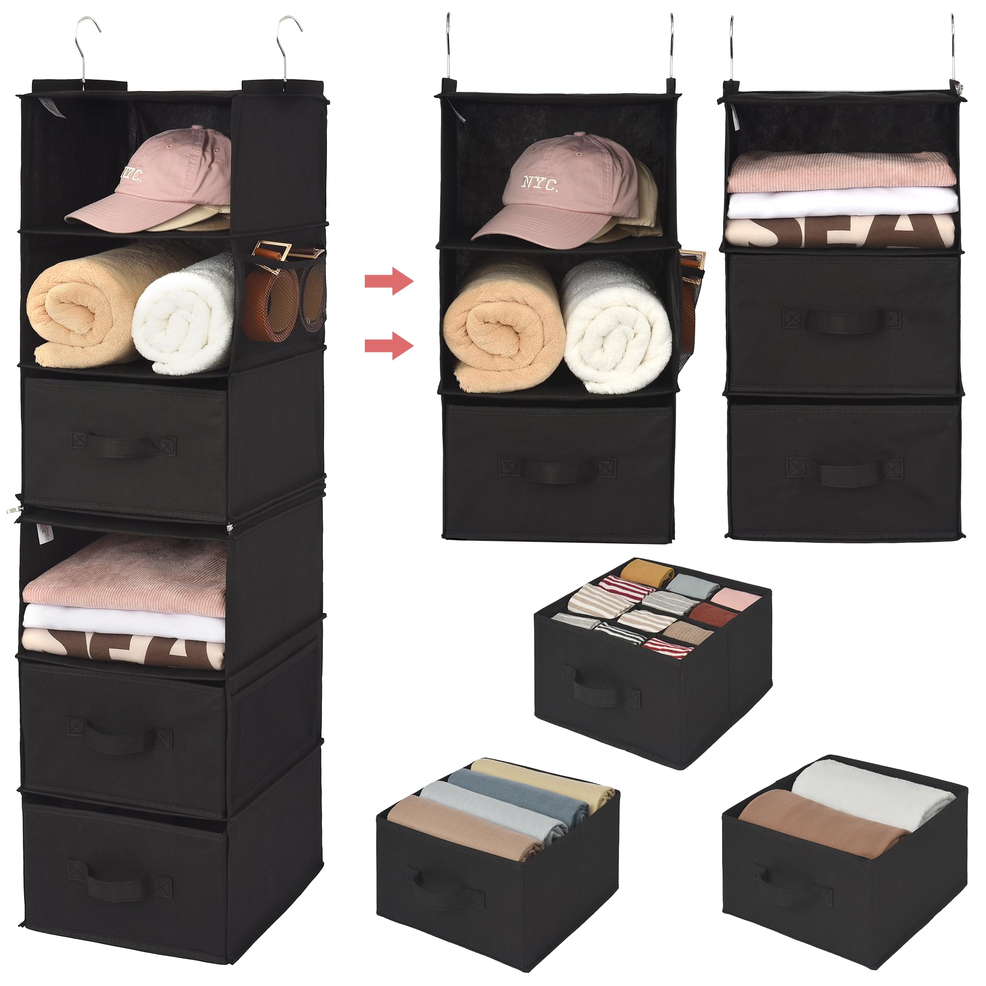 GRANNY SAYS 6-Shelf Hanging Closet Organizers and Storage, Separable to 2 Pack 3-Shelf Closet Hanging Organizer with 3 Drawers, 4 Side Pockets Hanging Shelves for Closet, Nursery, Black