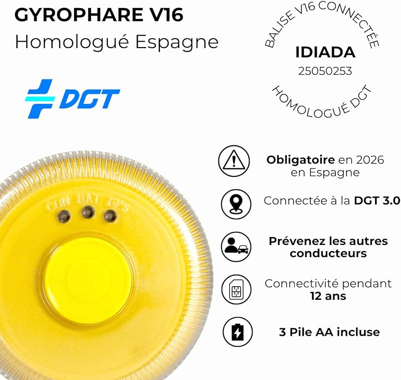 SAFETY Gyrophare v16 Homologué Espagne DGT 3.0 - Balise V16 Homologué Espagne Certifiée - Obligatoire en 2026 pour Tous les Véhicules