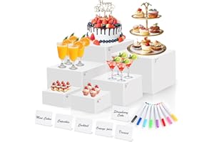 QINZAVE 6 Pcs White Acrylic Buffet Risers with Mini Sign and Maker, Food Display Stands for Buffet Table Party Catering Dessert Jewelry Collectibles,Nesting Cube Boxes with Hollow Bottoms (8",7",6",5",4",4")