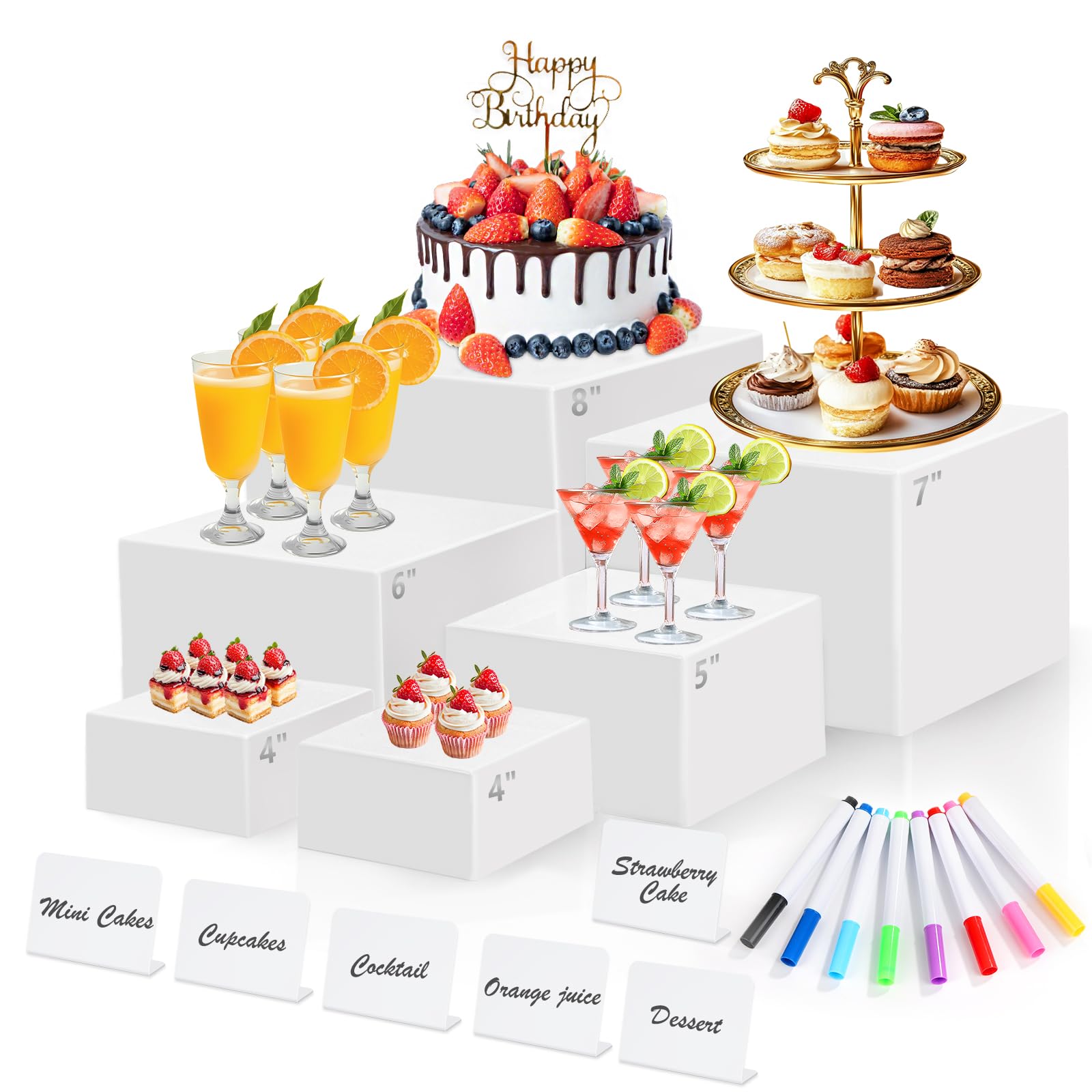 Photo 1 of 6 Pcs White Acrylic Buffet Risers with Mini Sign and Maker, Food Display Stands for Buffet Table Party Catering Dessert Jewelry Collectibles,Nesting Cube Boxes with Hollow Bottoms (8",7",6",5",4",4")
