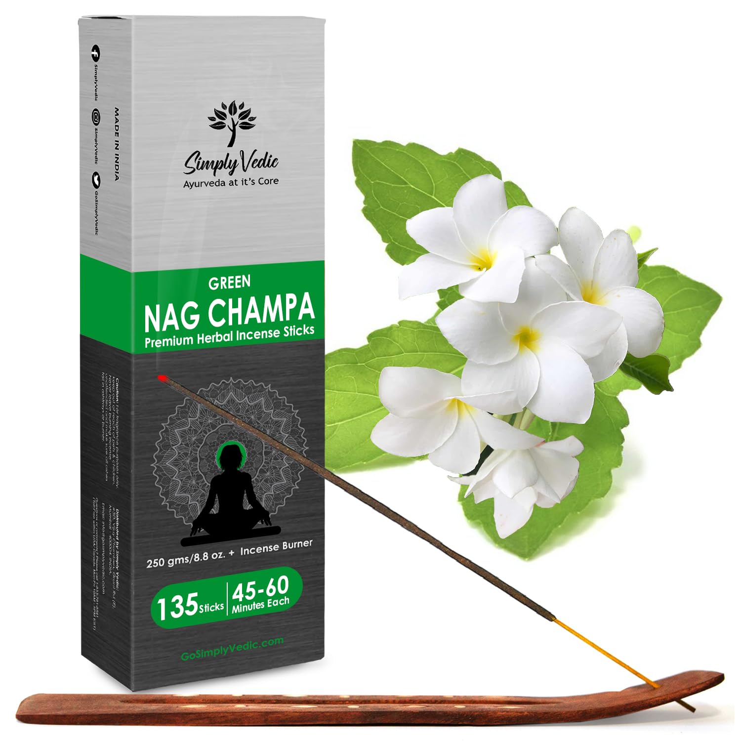 Simply Vedic Green Nag Champa Incense Sticks, 250-Grams (Approx 135 Sticks + Holder) | Lasts 60 Minutes, Ideal for Meditation, Yoga, Spiritual Healing, Prayers, Aromatherapy