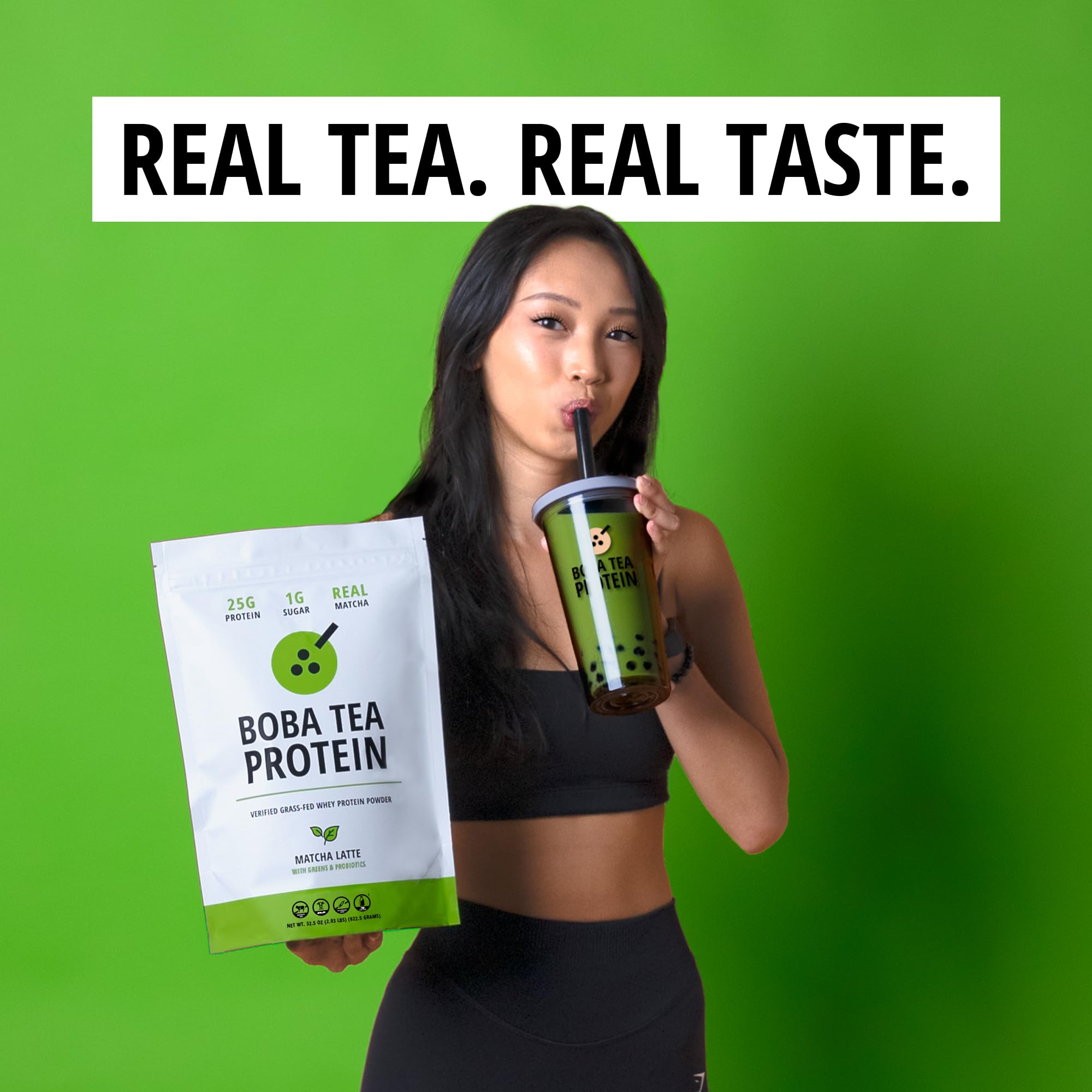 Boba Tea Protein Matcha Latte | 25g Grass-Fed Whey Protein Isolate Powder | Gluten-Free & Soy-Free Bubble Tea Protein Drink | Real Ingredients & Lactose-Free Protein Drink | 25 Servings