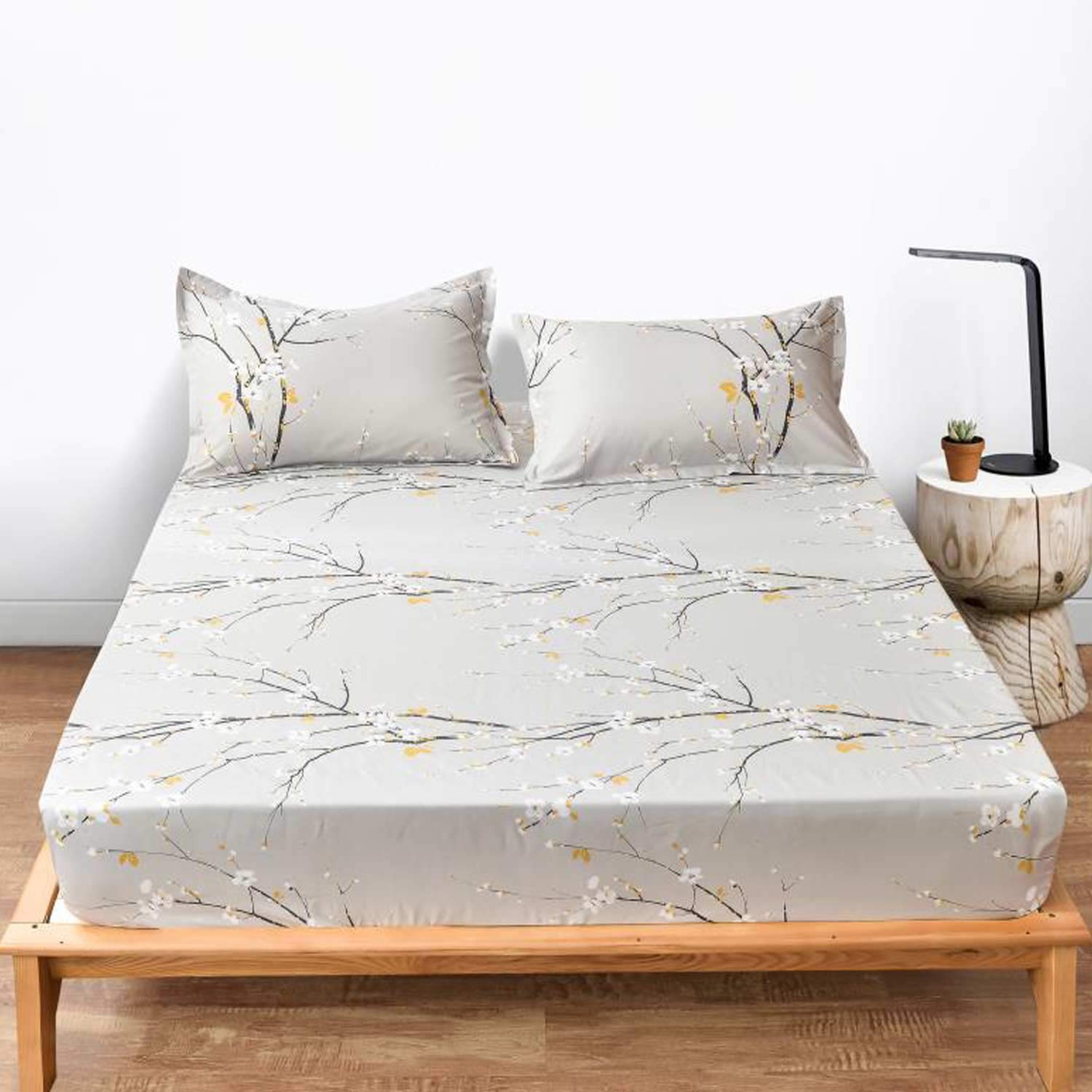 Photo 1 of (Prototype) Nanko Queen Fitted Bed Sheet 80x60 Deep Pocket Mattress Tan Gray Plum Blossom Floral Cool Soft Lightweight Microfiber Bedding Set 2 Pillowcases 10 11 12 14 inch Grey Flower
