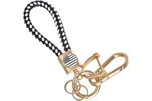 WUGIHAN Car Key Holder 1-Pack, Leather Key Chains for Men and Women with 2 Key Rings, 1 Anti-Lost D-Ring, 1 Screwdriver and 1 Carabiner, Fits Car & Home Keys (C-Gold/Black and White American Flag)