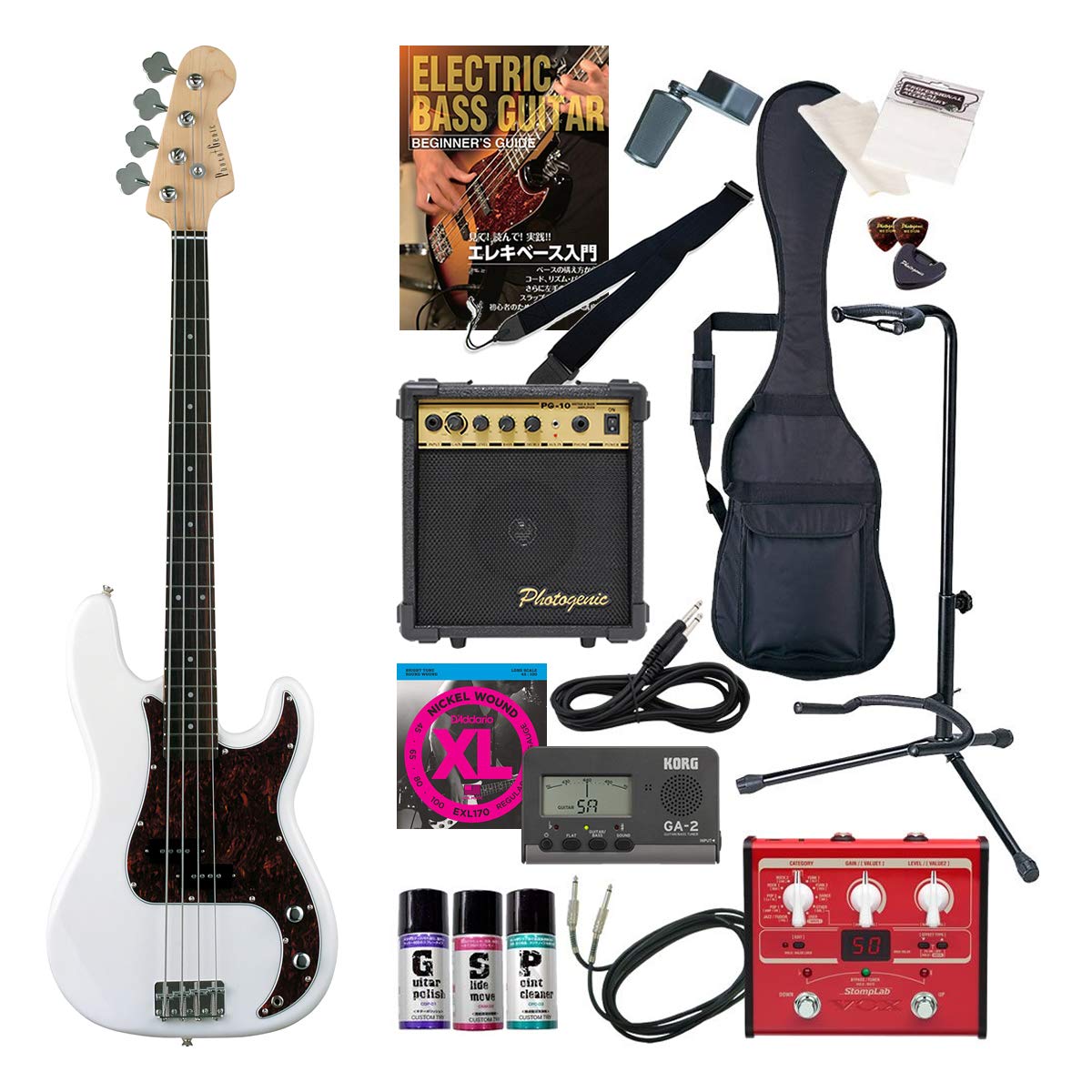 プレシジョンベースタイプ ホワイト べっ甲柄ピックガード Amazonオリジナル16点 Pb 240 Wh T3p エフェクターセット Photogenic エレキベース B00cshtcs4 ホワイト べっ甲ピックガード ベースセット 年末のプロモーション特価