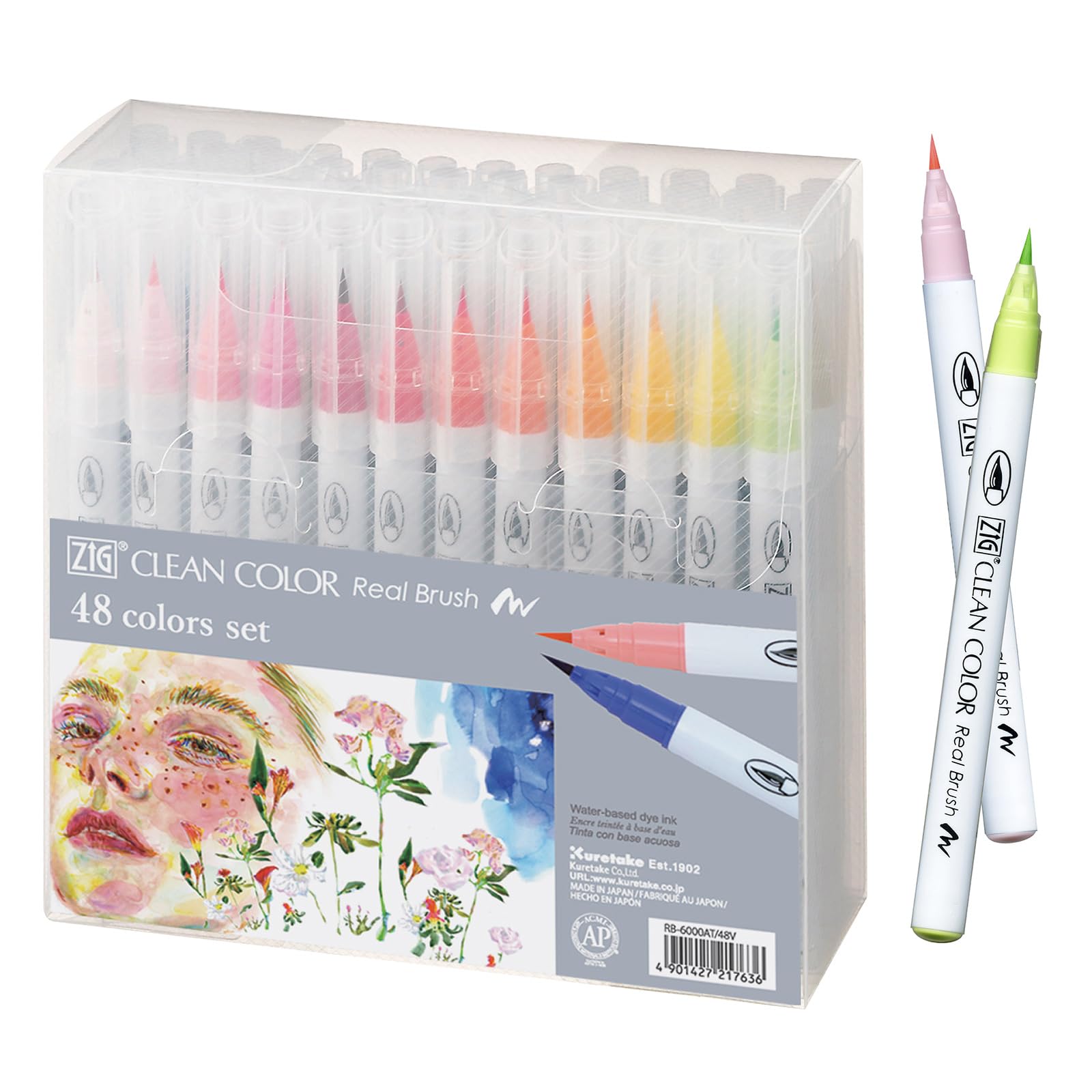 Kuretake Zig Clean Color Real Brush 48 colors set, Brush tip marker pens, for Professional and Artist, coloring, drawing, calligraphy, lettering, Made in Japan