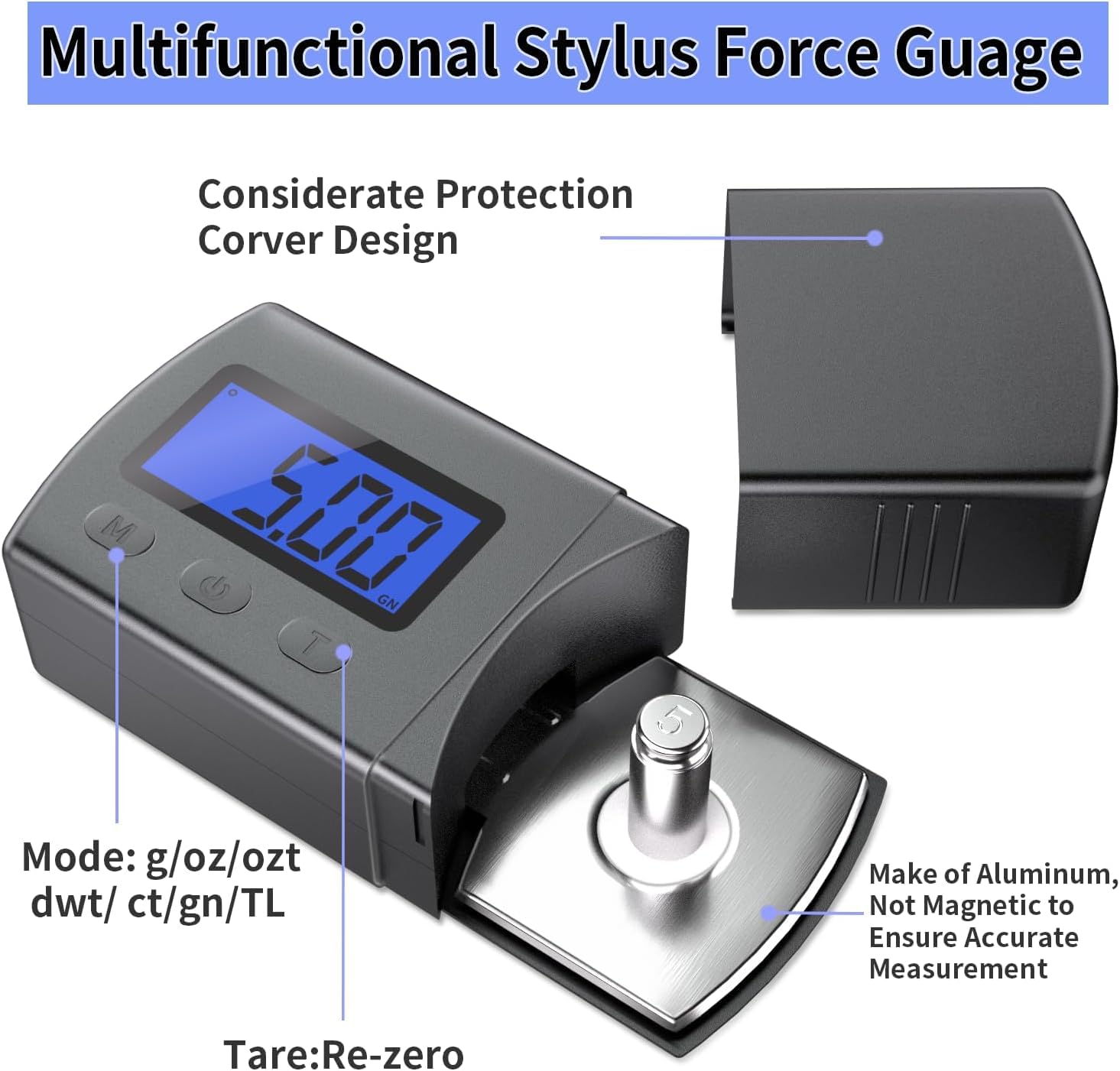 DIGITNOW Digital Turntable Stylus Force Scale Gauge 0.01g/5.00g,Tracking Force Pressure Scale for Tonearm Phono Cartridge, Blue LCD Backlight