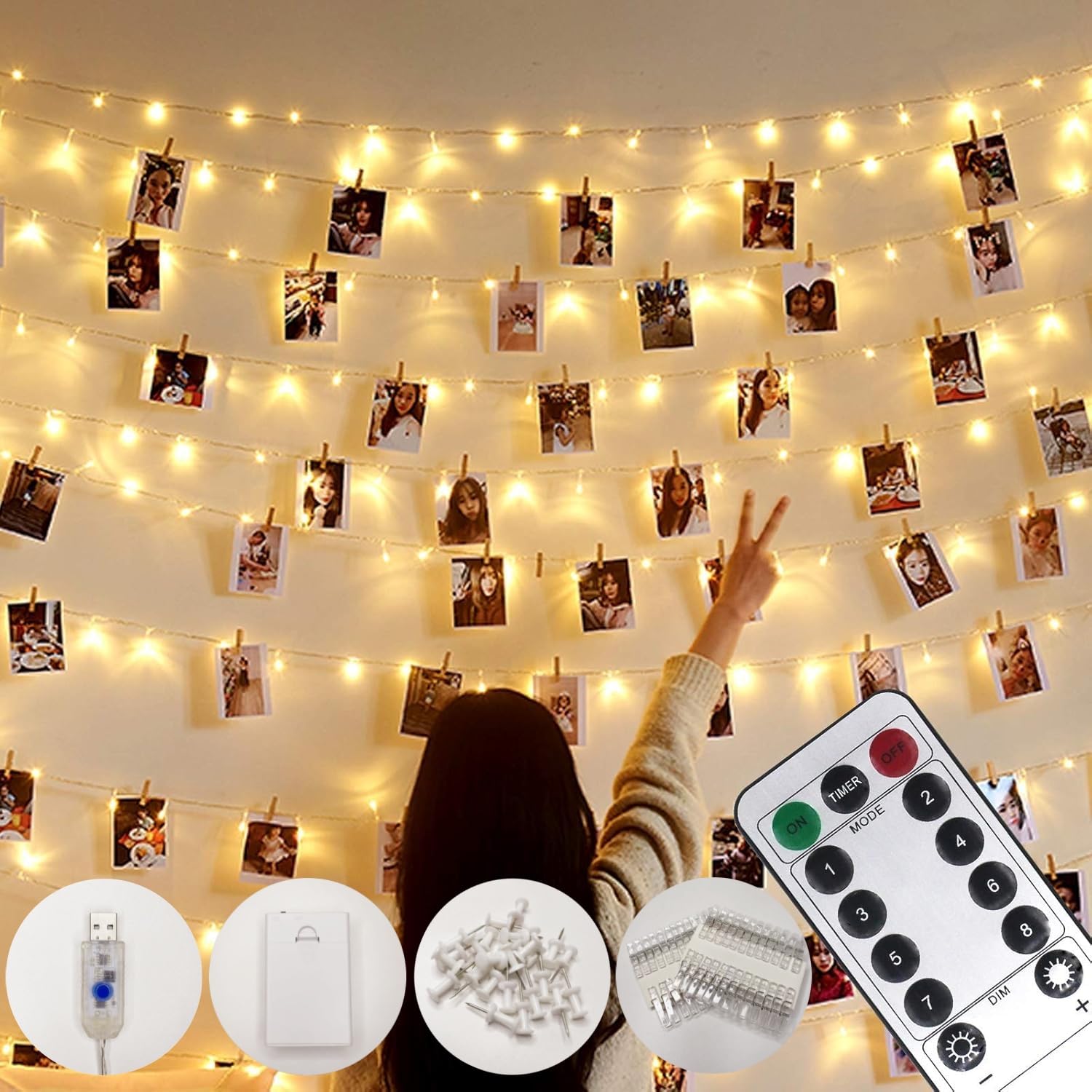 Microwear Photo Clip String Lights,USB or Battery Powered,100 LED 10M Copper Wire Hanging String Fairy Lights with Remote,Decoration for Indoor Bedroom Wedding Party (50 Clip & 25 Nails,8 Modes)