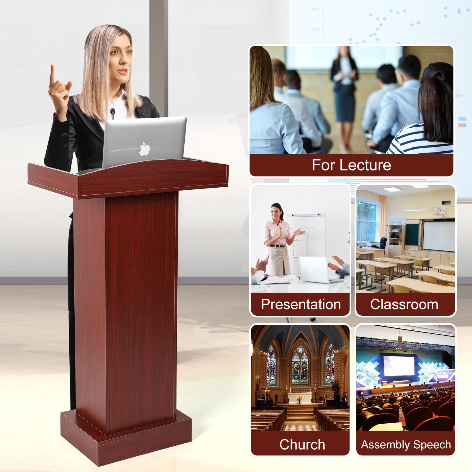 BEQUZON Wooden Podium Lectern Stand With Storage Shelves, Presentation ...