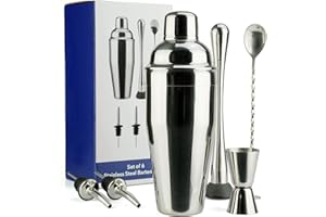 Arora Barware Set - 6pc - Stainless Steel - Professional Bar Tools for Drink Mixing, Home, Bar, Party, Silver, 24oz (851111)