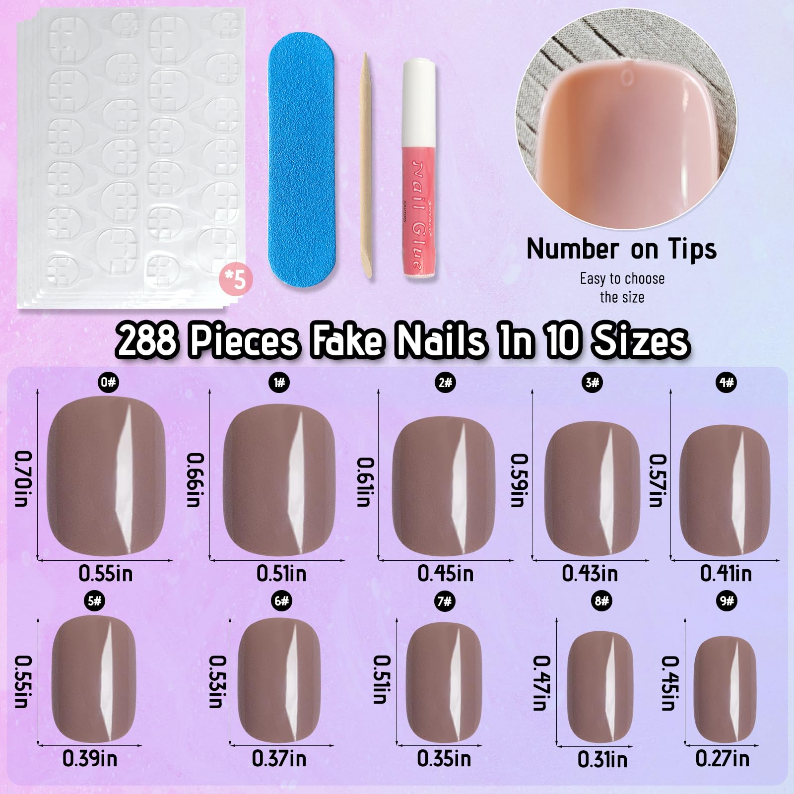 LoveOurHome 240PC Square Press on Nails Short Fake Nail, Short Press on Nails Square Coffee Glue on Nails Full Cover Artificial Fingernail Girls Kids XS Acrylic Nail Press Nail with Adhesive Tabs - Image 2