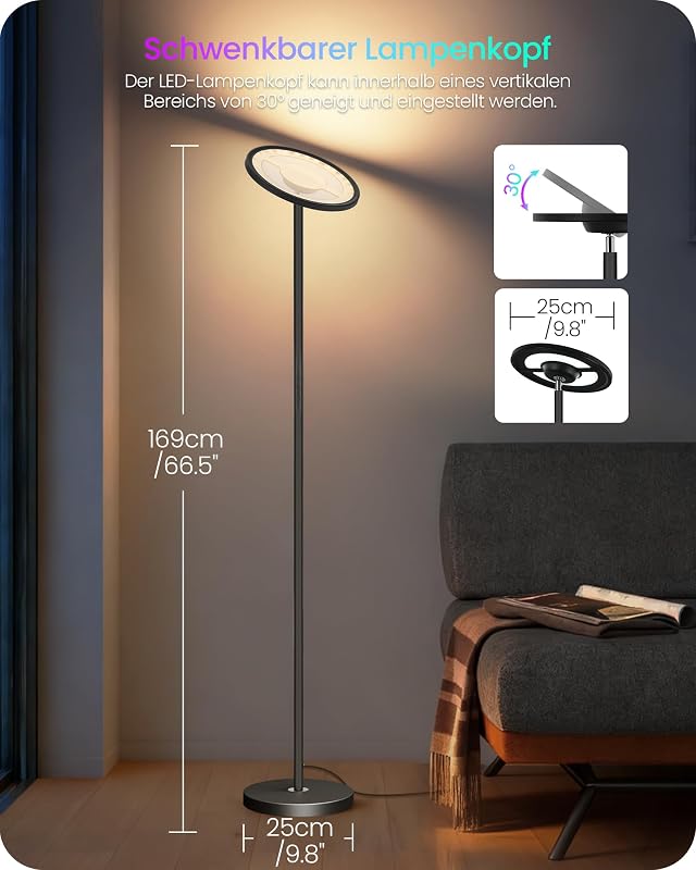RGB Stehlampe mit APP- und Sprachsteuerung, Kompatibel mit Alexa, Musik Sync, Smarte LED Stehleuchte Schwarz, 10-100% Dimmbare WLAN Standleuchte für Wohnzimmer ZB18LDD05