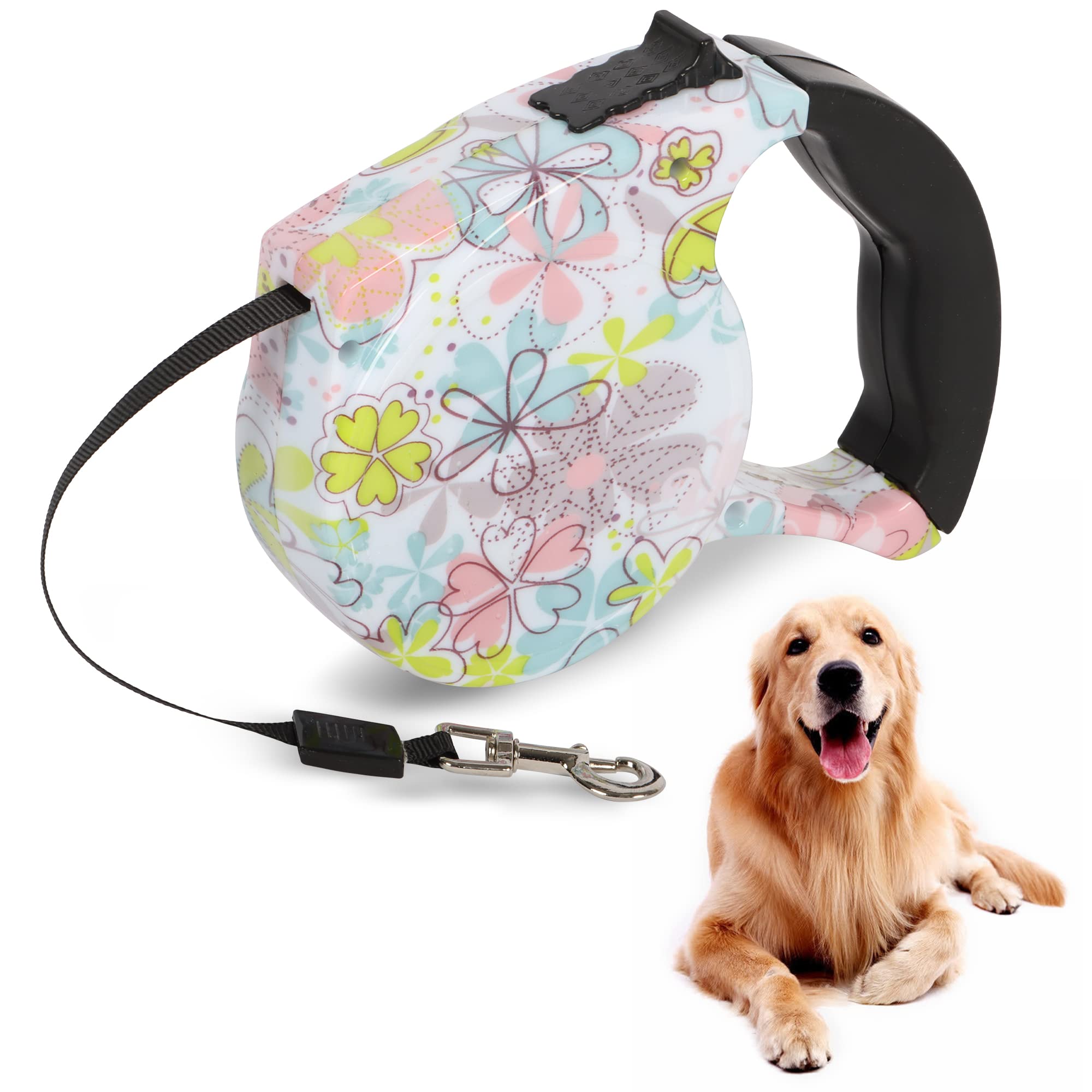 Beaface Retractable Dog Lead Extendable 16ft/5M, Retractable Dog Leads for Small Medium Dogs Up to 25KG, Extendable Dog Leads with Anti-Slip Handle, Anti-Tangled Strong Nylon Tape (Daffodils Flowers)
