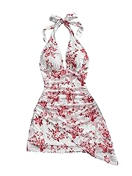 BEAUDRM Women's Floral Print Sleeveless Halter Deep