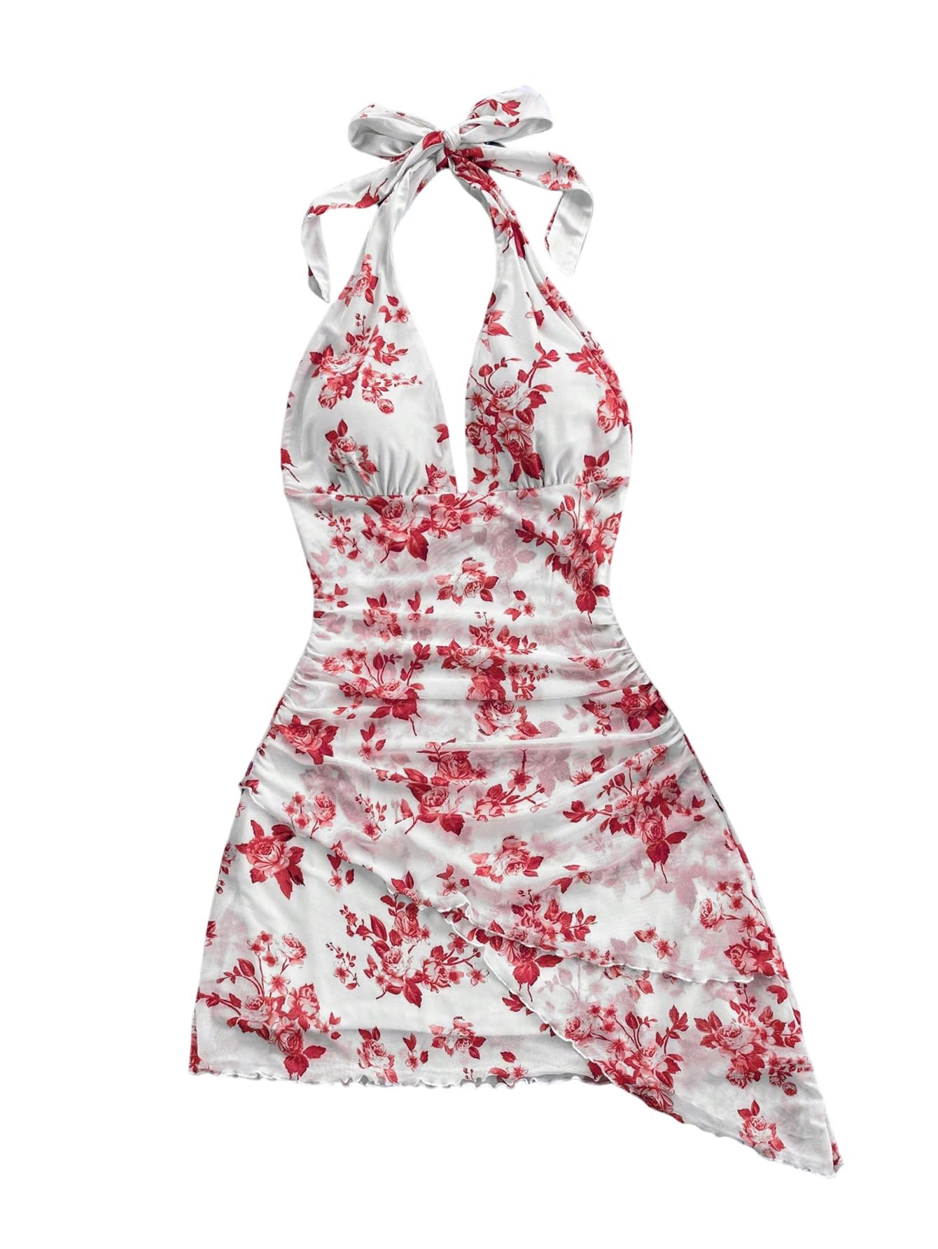 BEAUDRM Women's Floral Print Sleeveless Halter Deep