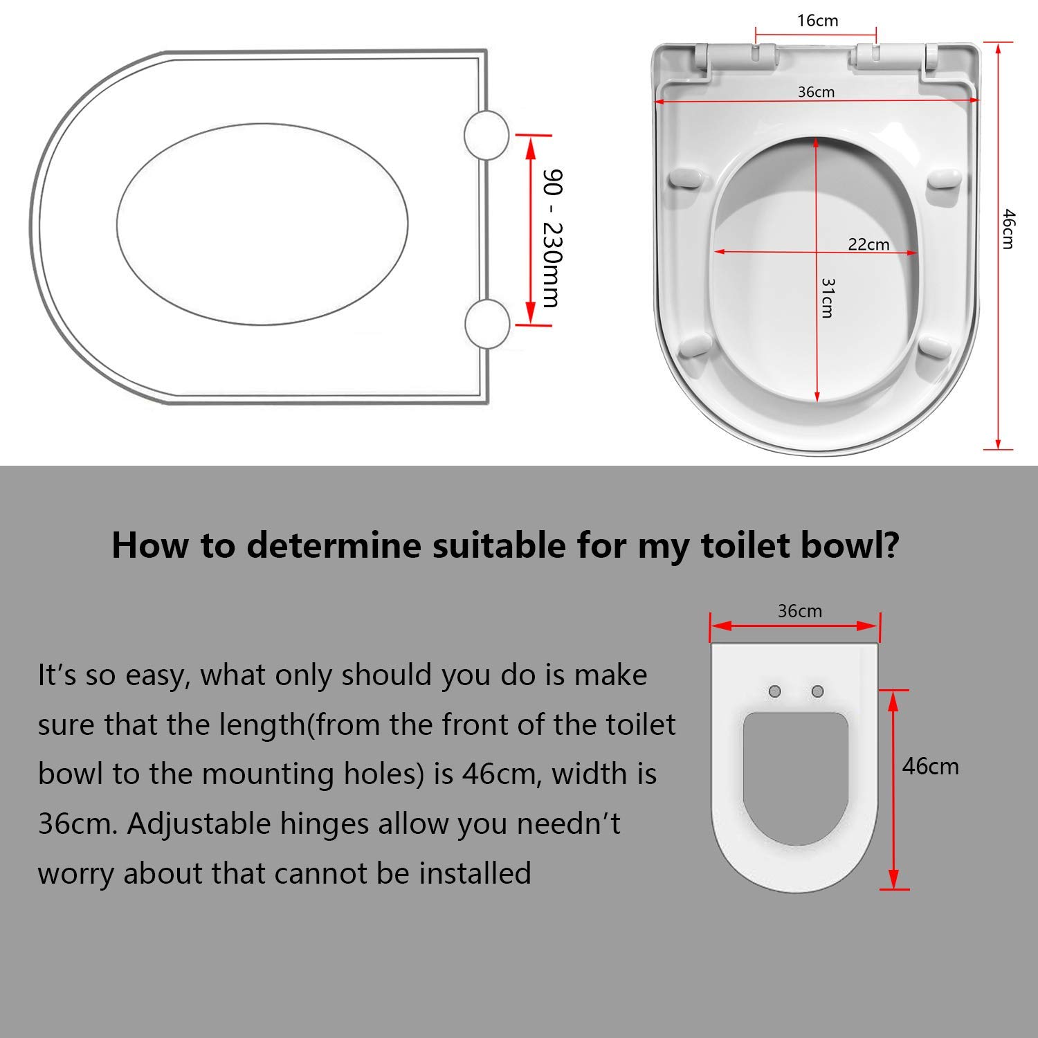 Toilet Seat will Slow Close Modern Lid Toilet Covers White D-Shape Easy Clean & Fix Adjustable Hinges Seat Quick Release Loo - Installation Tool fixtures Included