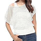 WILDPARTY Women's Casual Sexy Off Shoulder T-Shirt 80s 90s Outfit 80's Costume Fishnet Neon Shirt Summer Short Sleeve
