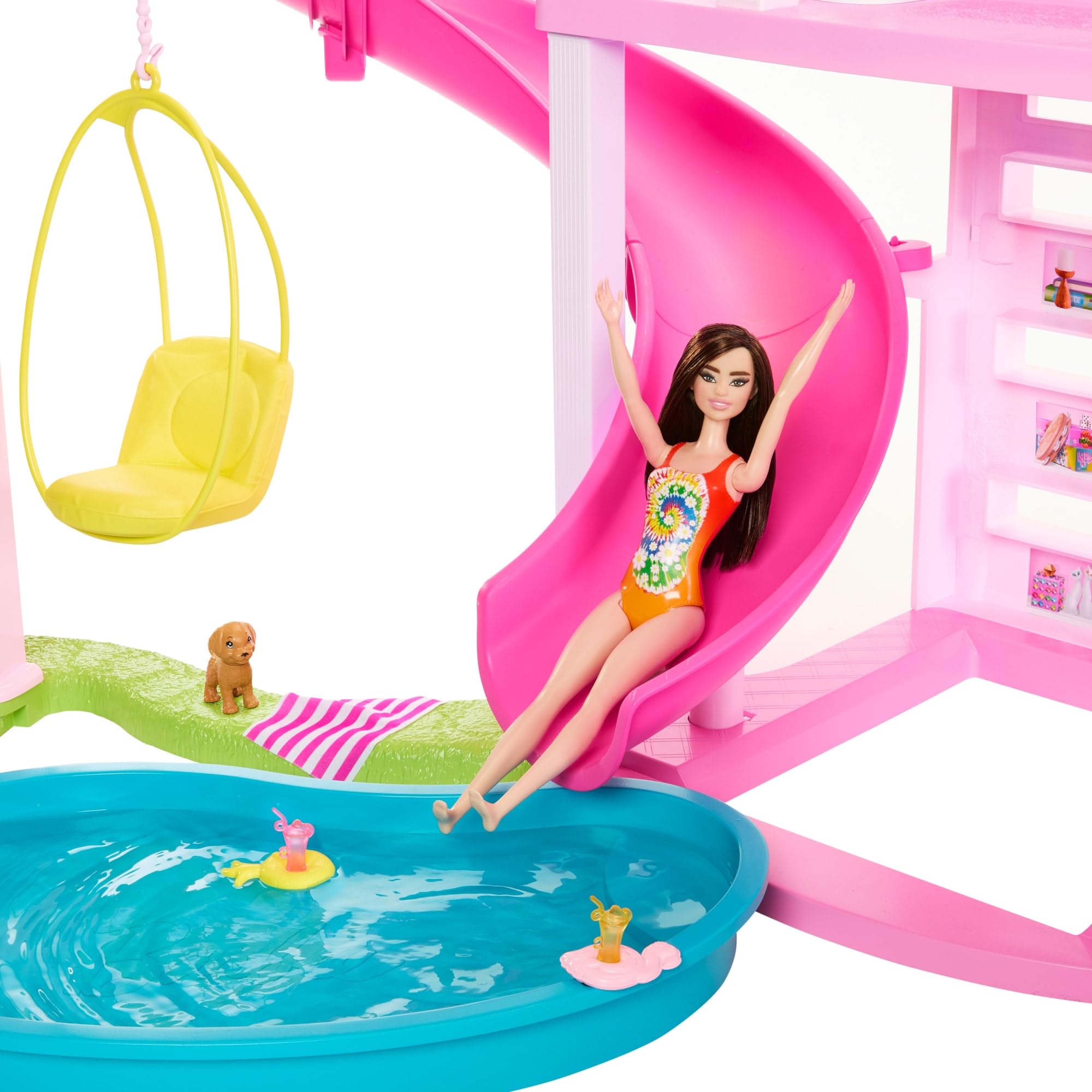 Barbie Dreamhouse, Pool Party Doll House with 75+ Pieces and 3-Story Slide, House Playset, Pet Elevator and Puppy Play Areas