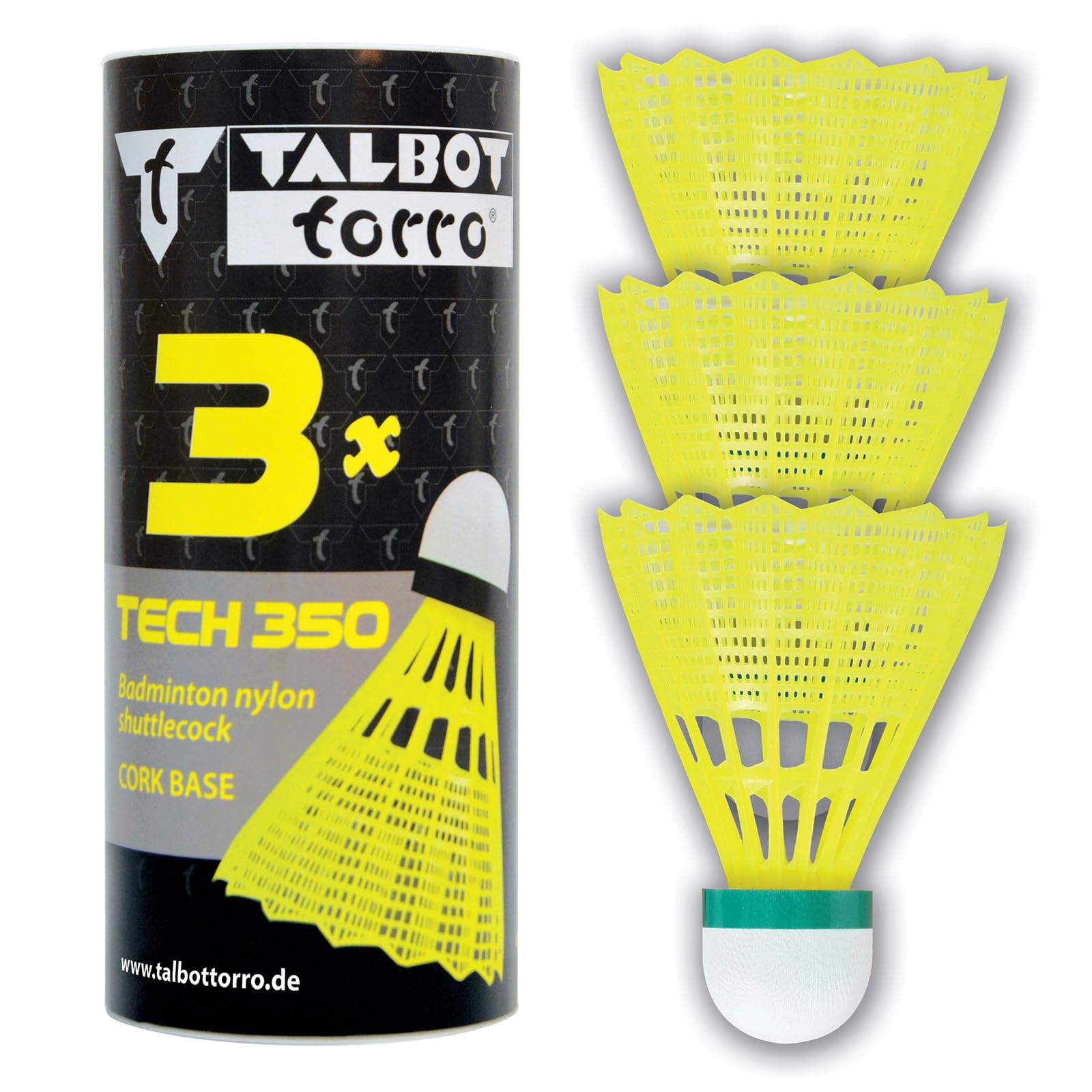 Talbot-Torro Badminton Volantes Tech 350, Lata 3 Piezas, Nylon, Amarillo, Velocidad: Verde/Lento