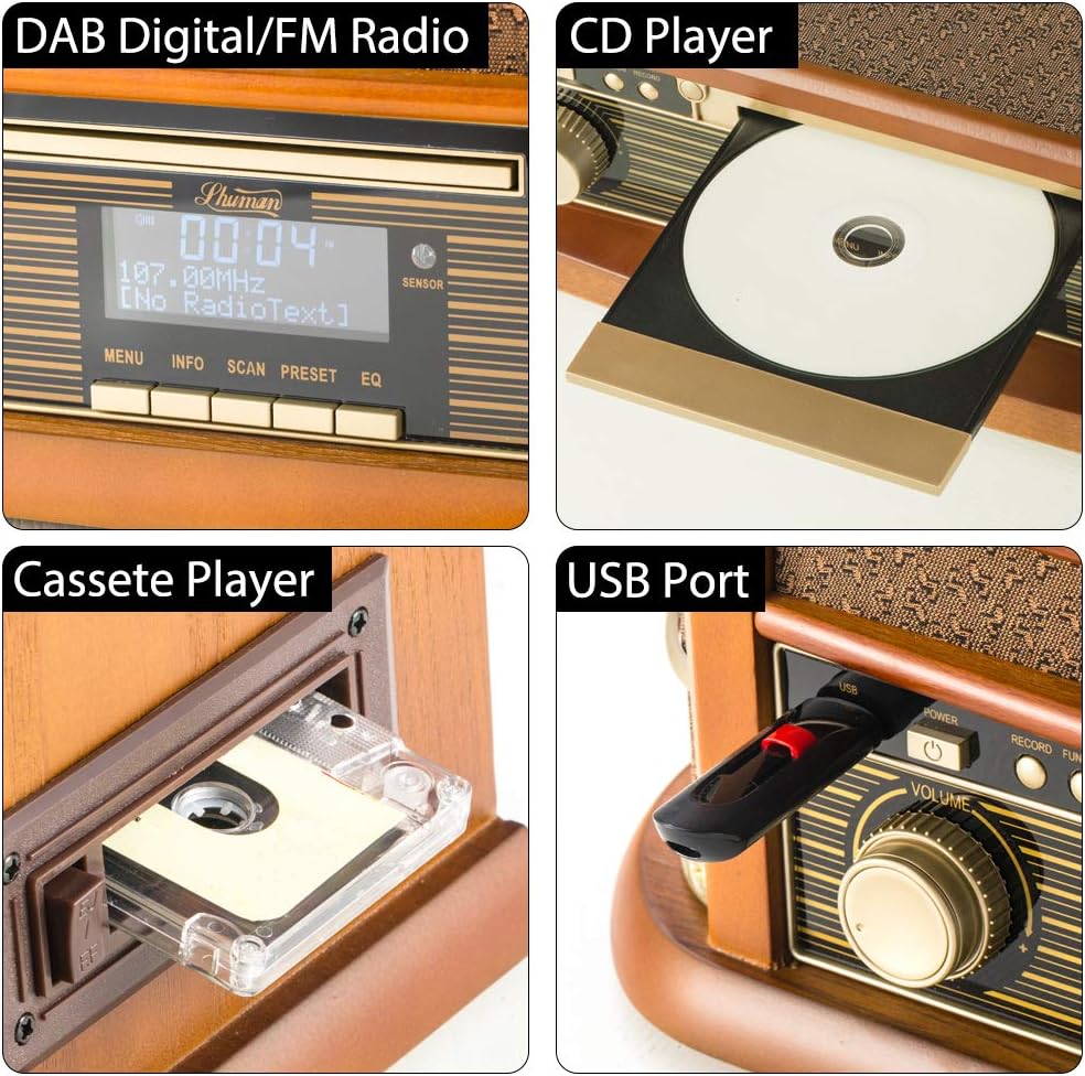 Shuman Vintage 9-in-1 Wireless Music Centre with Remote Control, DAB Digital/FM Radio, 3-Speed Turntable, CD/Cassette Player - Image 5