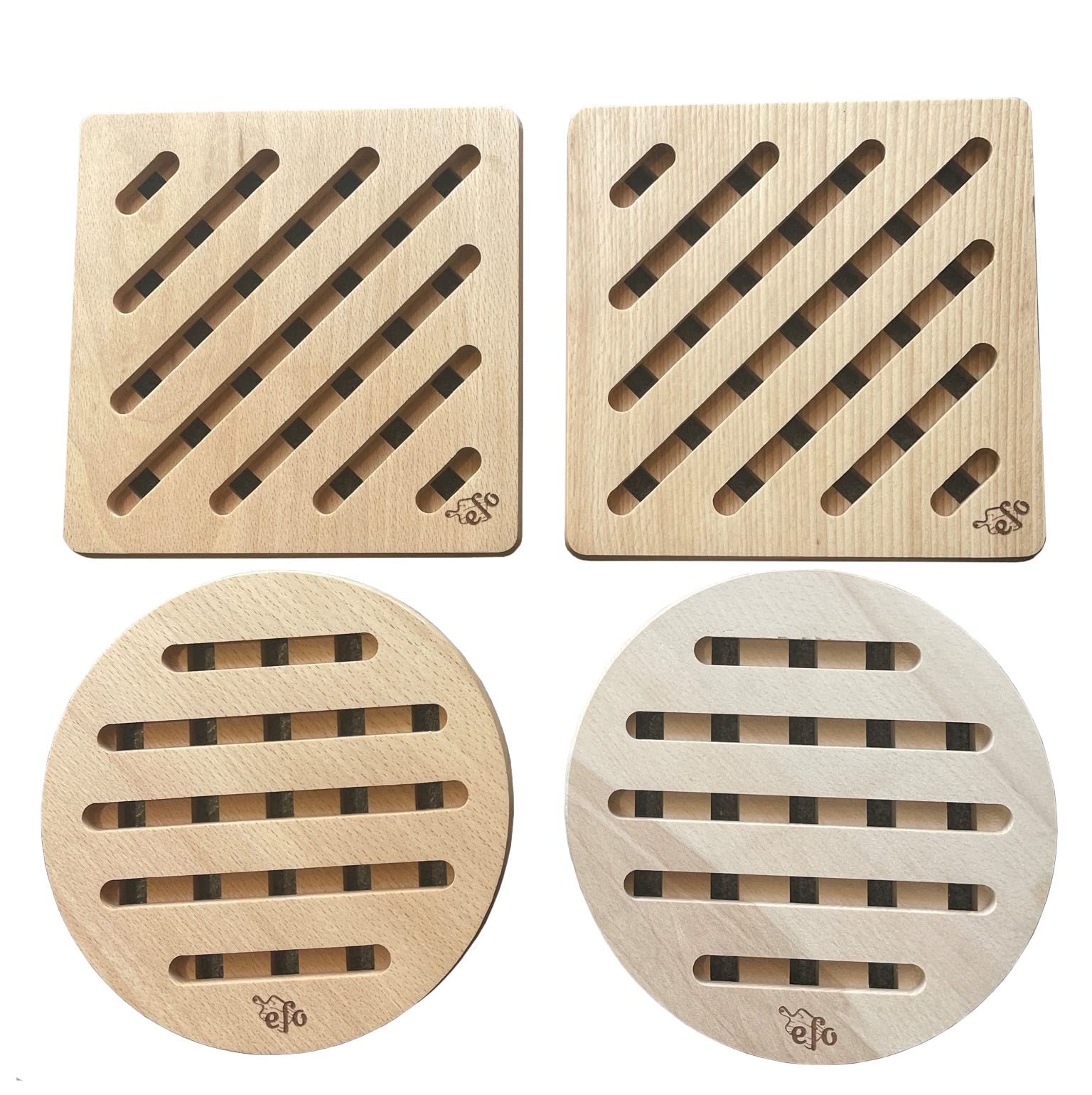 EFO Trivets for Kitchen Worktops Set of 4 | Wooden Trivet with Natural Beechwood Finish | Heat Resistant Wooden Pads for Hot Pans – Protects Surfaces and Worktops | Wooden Coaster Trivet Set 20x20 cm