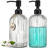 JASAI 2PACK 18Oz Simple Glass Soap Dispensers with Black Pump, Refillable Kitchen soap Dispenser with Vertical Stripe, Bathroom Soap Dispenser for Bathroom Hand soap, Dish Soap, Lotion.