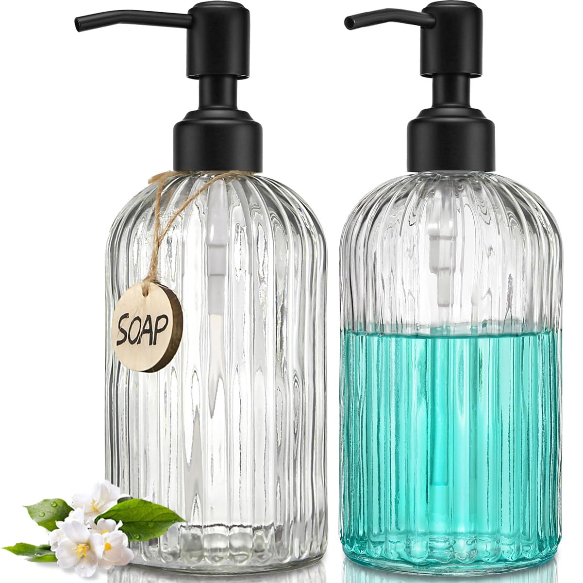 JASAI 2PACK 18Oz Simple Glass Soap Dispensers with Black Pump, Refillable Kitchen soap Dispenser with Vertical Stripe, Bathroom Soap Dispenser for Bathroom Hand soap, Dish Soap, Lotion.