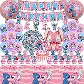 101PCS For Stitch Party Supplies, Birthday Decorations Set Include Banner, Balloons, Stickers, Hanging Swirls, Cake Cupcake Toppers, Tablecloth for Girls Pink Stitch Theme Party