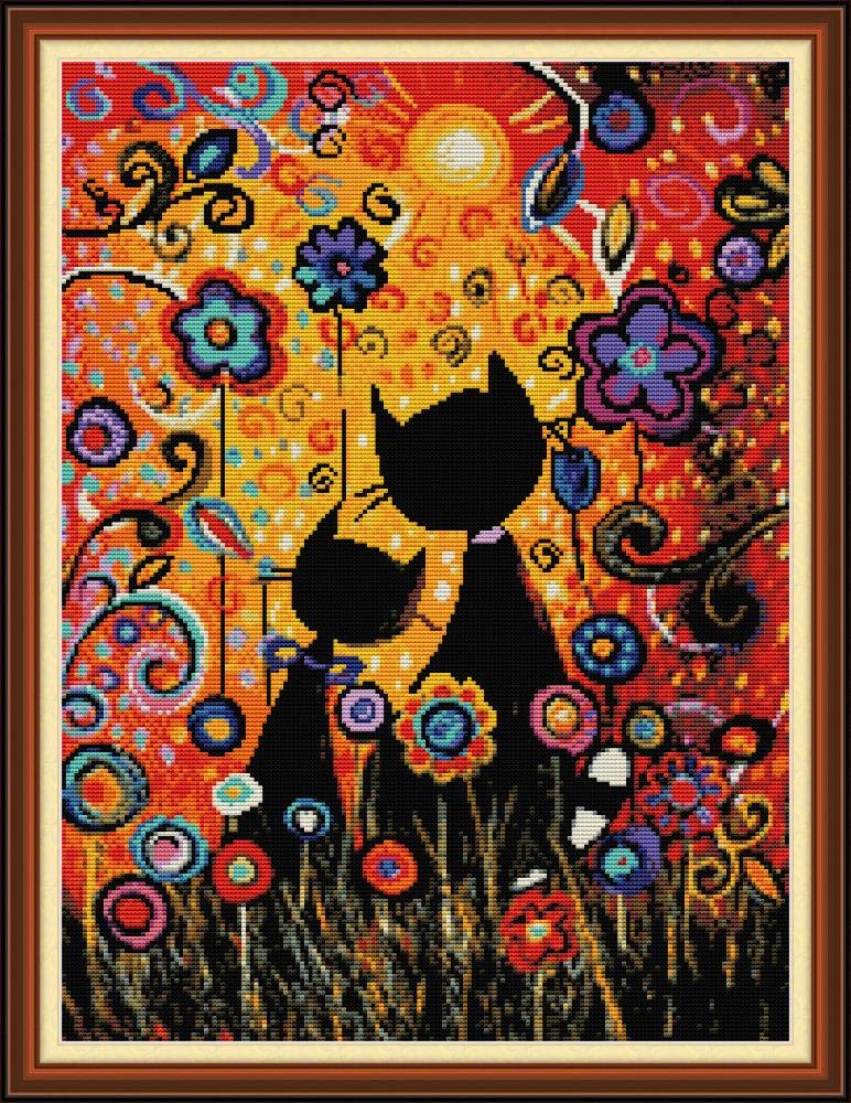 WOWDECOR Cross Stitch Embroidery Kits for Adults Kids, Cat Kitten Animals Colorful Flowers 11CT Stamped DIY DMC Needlework Easy Beginners