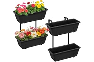Railing Planter Box 2 Tier Window Boxes Planters Set of 2 with 4 Pack Flower Boxes 16.9 Inch Deck Railing Planter with Adjust