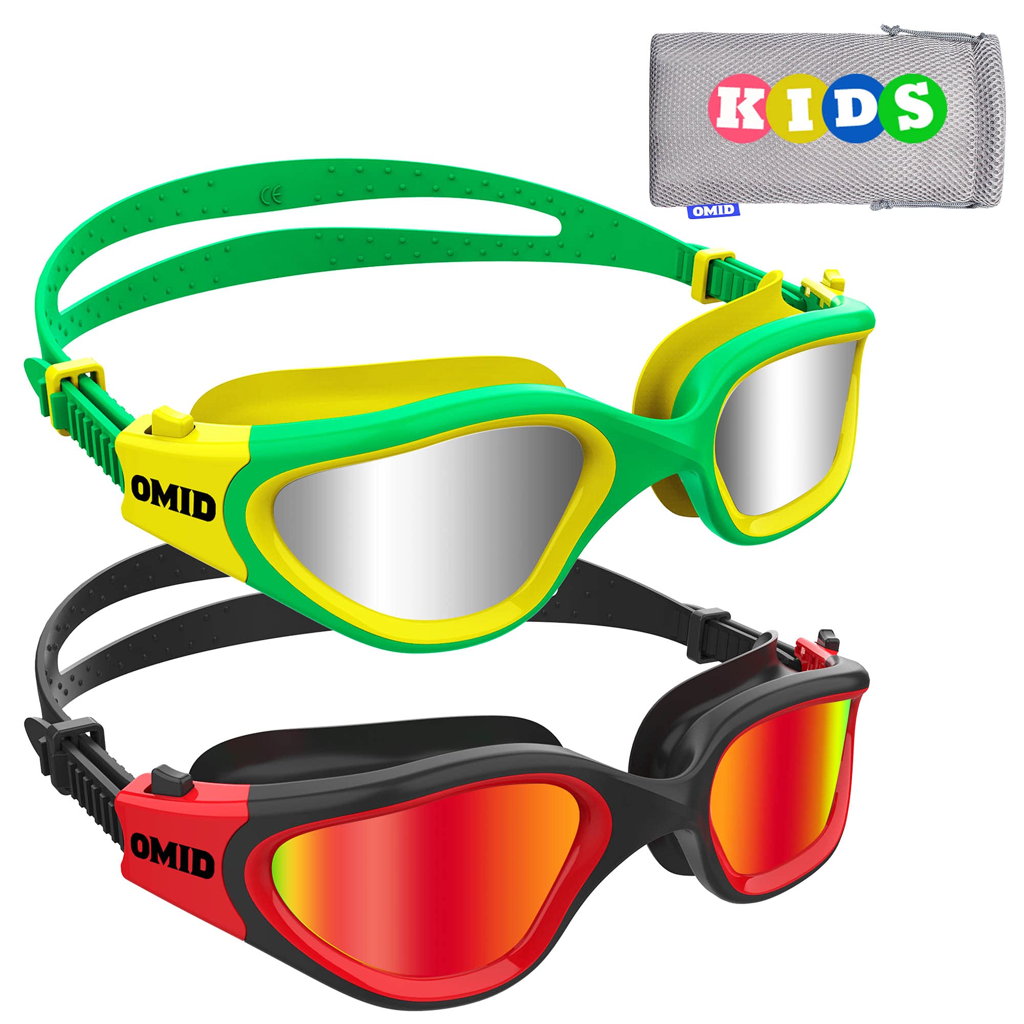 Photo 1 of OMID Kids Swim Goggles, 2 Packs P2 Comfortable Polarized Unisex-child Swimming Goggles, Anti-Fog No Leaking Swim Goggles for Children with UV Protection Age 6-14 (Green Silver+Black Blue)