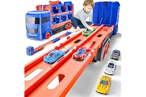 Kiddiworld Race Track Truck Toys for 2-4 Year Old Boys Birthday Gifts: 65 Inch Folded Transport Carrier Trucks for Kids Age 3-5, Racing Cars Christmas Toy Gifts for Toddlers