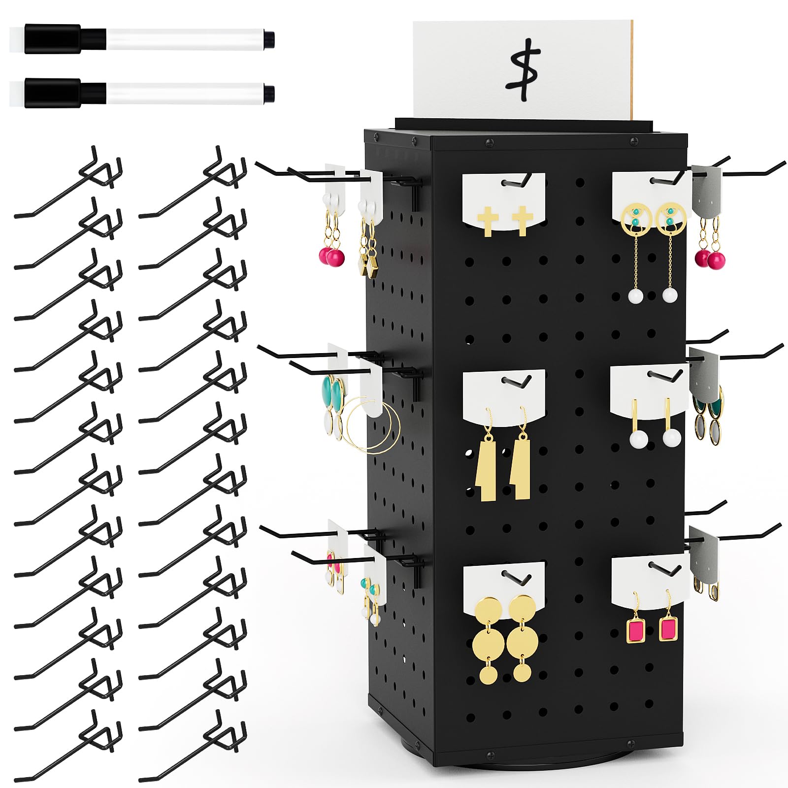 VACONICO Rotating Peg Board Display Stand with 24 Hooks, Tabletop Metal Pegboard Shelf for Craft Shows & Fairs, Retail Stores, 4-Sided Vendors Arts and Crafts Finishing,Black