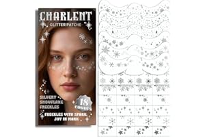 CHARLENT Glitter Snowflake Freckles Face Tattoos - 18 Sheets Waterproof Silver Temporary Makeup Patches for Women Kids Christmas Makeup Accessories