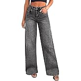 KICZOY Women's Wide Leg Jeans Baggy High Waist Boyfriends Strechy Raw Hem Denim Pants