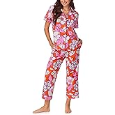 Trina Turk PJs Womens Short Sleeve Notch Collar & Cropped Pants Sleepwear Pajama Set, Organic Cotton