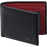 VISOUL Mens Bifold Wallet with 2 ID Windows and 2 Money Compartments, Genuine Leather Designer Wallet with RFID Blocking for Men Two Tone (Black and Burgundy)