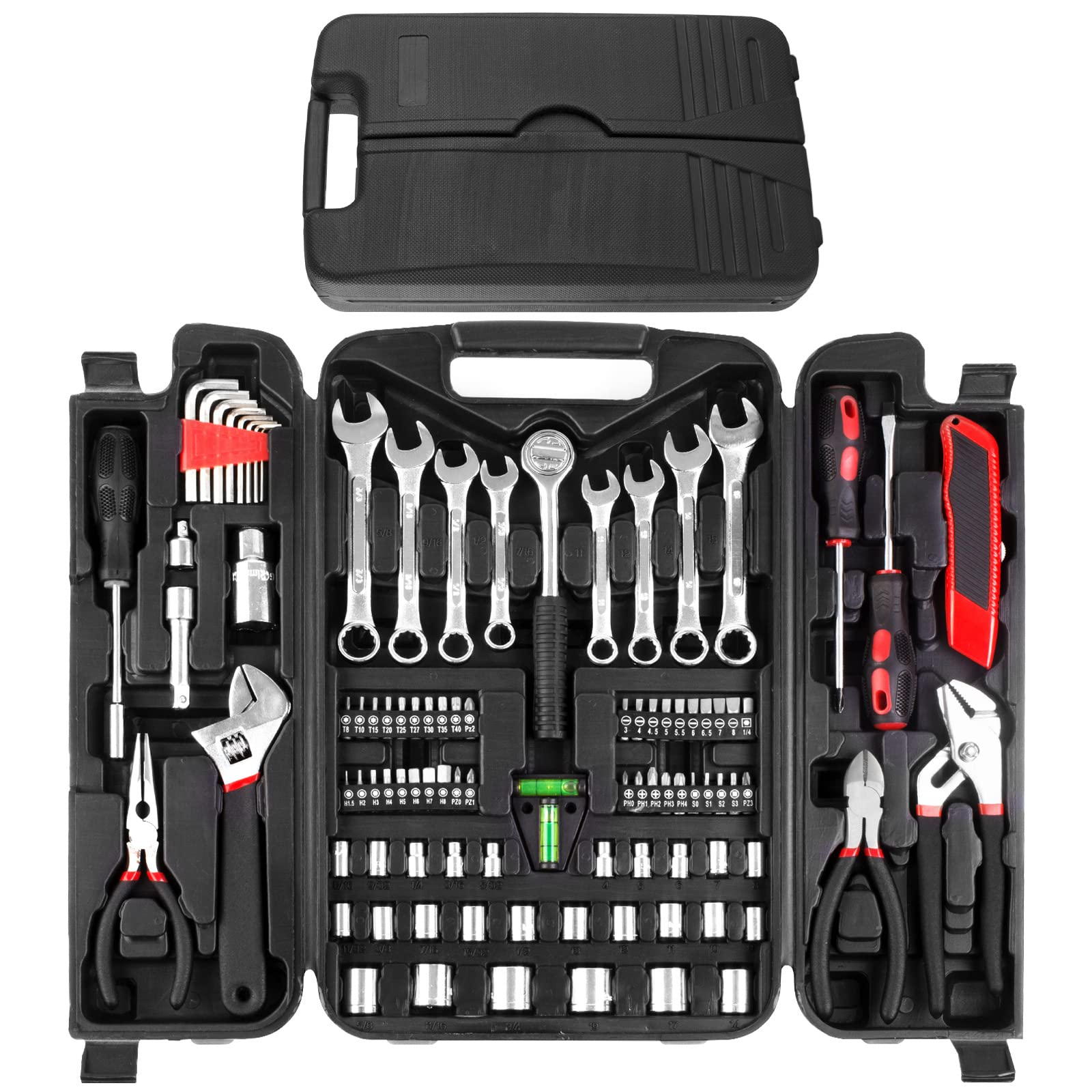 Photo 1 of TLGREEN 95 Piece Tool Set, Tool Kit, Mechanics Tool Set, Portable Toolbox with Adjustable Wrench Pliers Socket Bits, with Plastic Toolbox, for House Apartment Garage (Red)