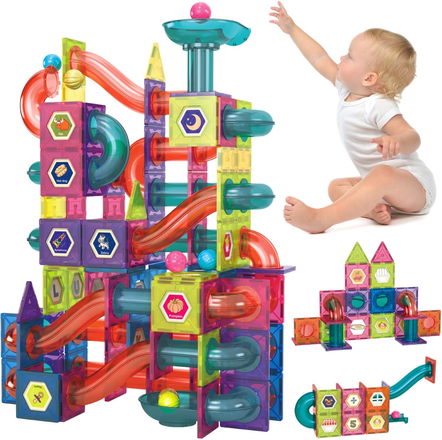 Ovida 191 Piece Kids Magnetic Tiles Set, Magnetic Blocks for Kids Ages 4-8, Pipe Magnetic Building Blocks, 3D Magnetic Tiles Ball Tracks and Marble Run Kit, Educational Kids Toys Gift