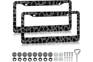LIN KANG Black Leopard Print License Plate Frame - 2 Pack Animal Leopard Cheetah Print Tags Frames Holder, Car Decorative Tag Frames with Screws Fasteners Caps