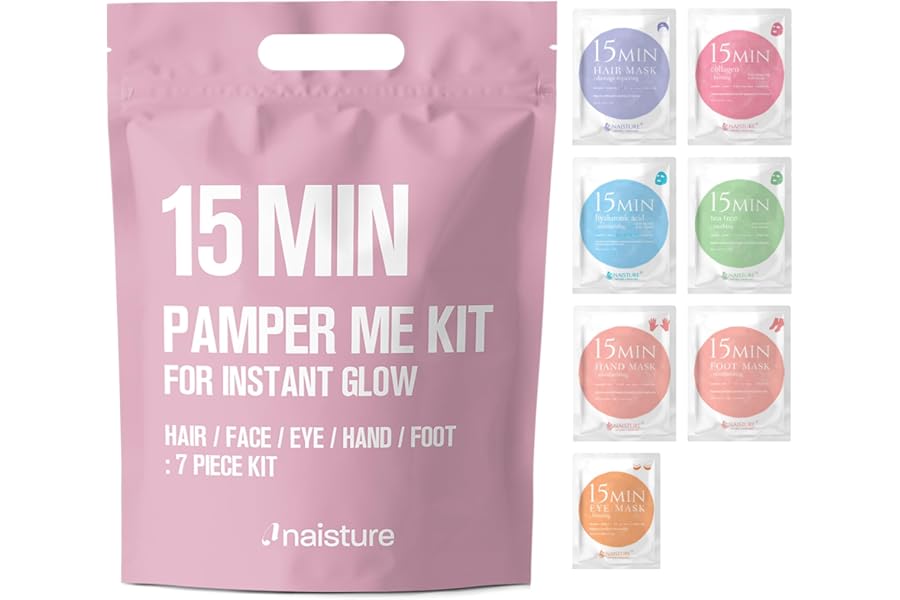 15 Min Pamper Me Kit by Naisture – Korean Spa and Skincare Kit for Women with Hair Mask, Hand and Foot Masks, Eye Mask, and Face Masks