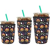 YR Reusable Neoprene Insulator Sleeve for Iced Coffee Cups, 3 Pack Coffee Coolies sleeves for Iced & Hot Drinks, Cold Beverage Cooler Compatible with Starbucks Coffee and More (Halloween Boo)