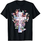 Faith-Cross Floral Butterflies Christ Flowers Religious T-Shirt