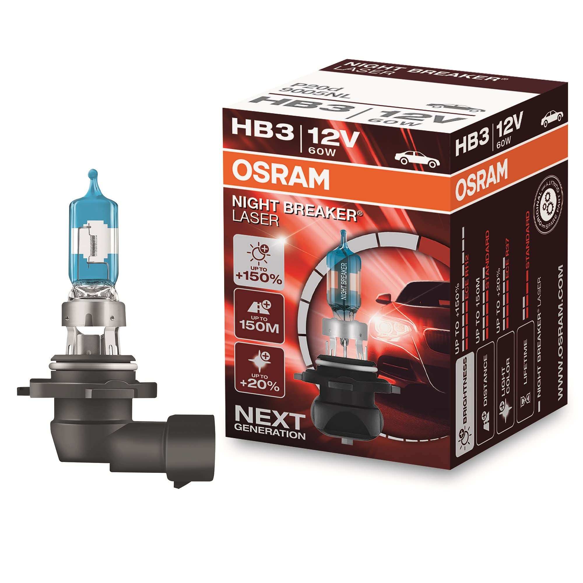 OSRAM NIGHT BREAKER LASER HB3, +150% more brightness, halogen headlight lamp, 9005NL, 12V, folding box (1 lamp)