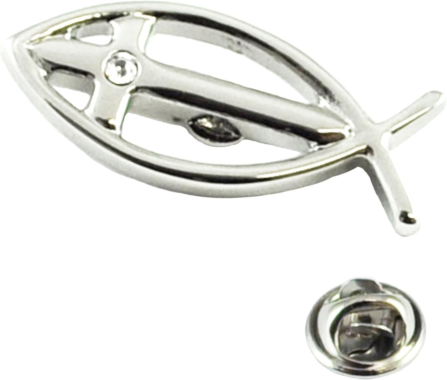 Rhodium Plated Icthus Religion Religious Lapel Pin Badge With Crystal Cross