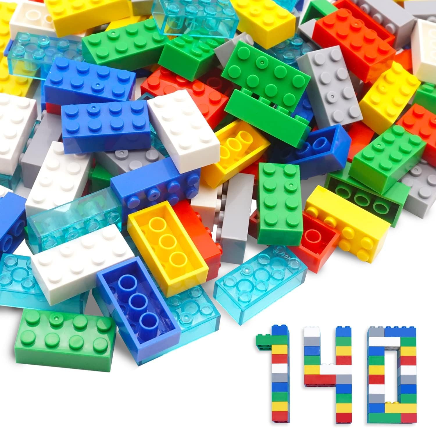 WYSWYG Building Bricks 2x4 Stud 140 Pcs, Classic Building Blocks Bulk Set, STEM Construction Toy Compatible with Major Brands, 7 Colors.