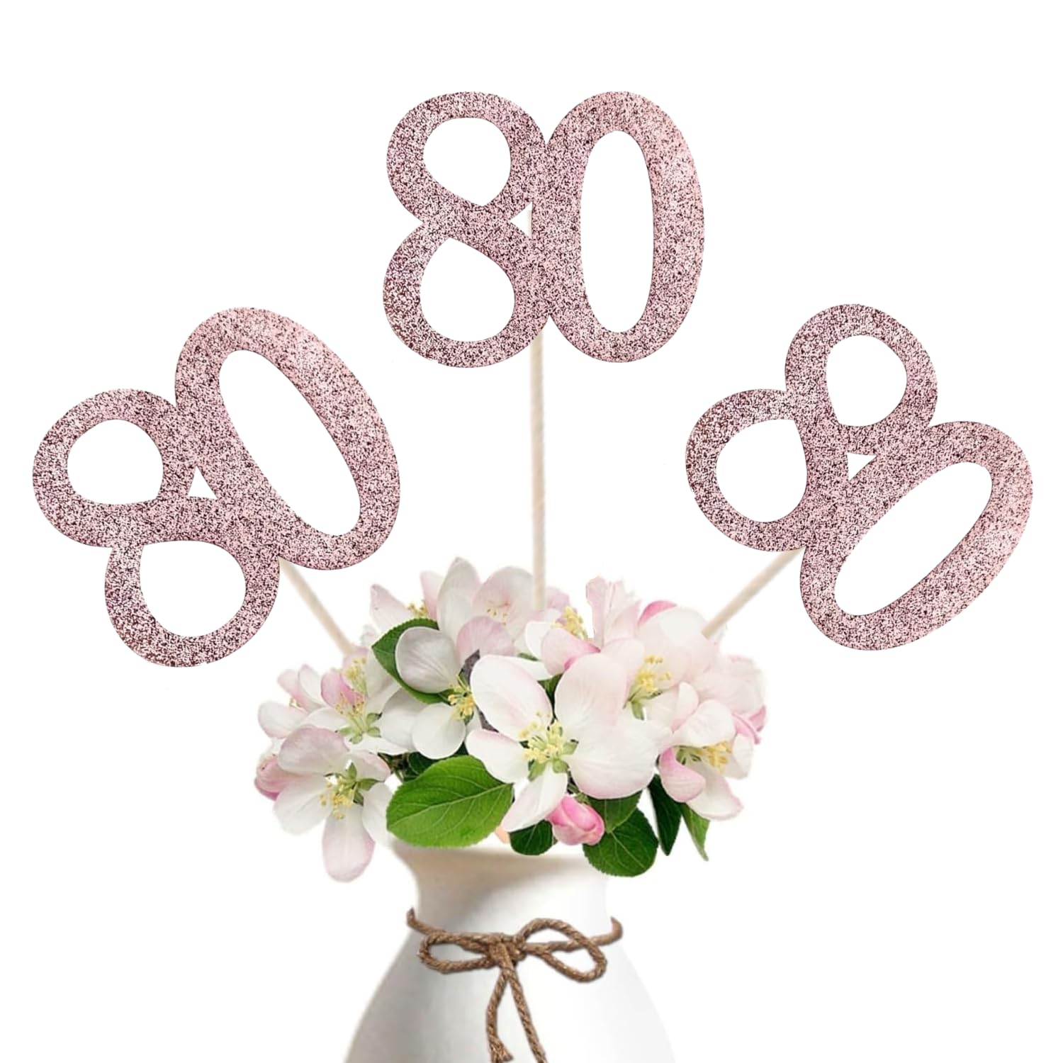 Photo 1 of 10-Pack Double Sided Glitter 80th Birthday Centerpiece Anniversary Centerpiece Sticks, Number 80 Table Topper Cake Topper for 80th Birthday Anniversary Table Party Decorations (Double Sided rose gold)