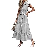 Caracilia Womens Summer Casual Ruffle Cap Sleeve Maxi Dress Button Down Striped Plaid Tie Waist Vacation Long Shirt Dresses
